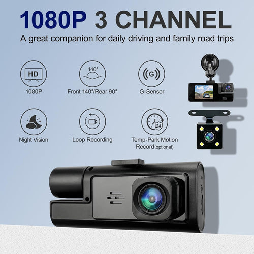1080P 3 Channel Dash Cam Front and Rear Cabin Recording, 2.0" IPS Screen Camara Para Carro, G-Sensor, Night Vision Loop Recording, Motion Detection, Heatproof, Electronics Max 64GB Support