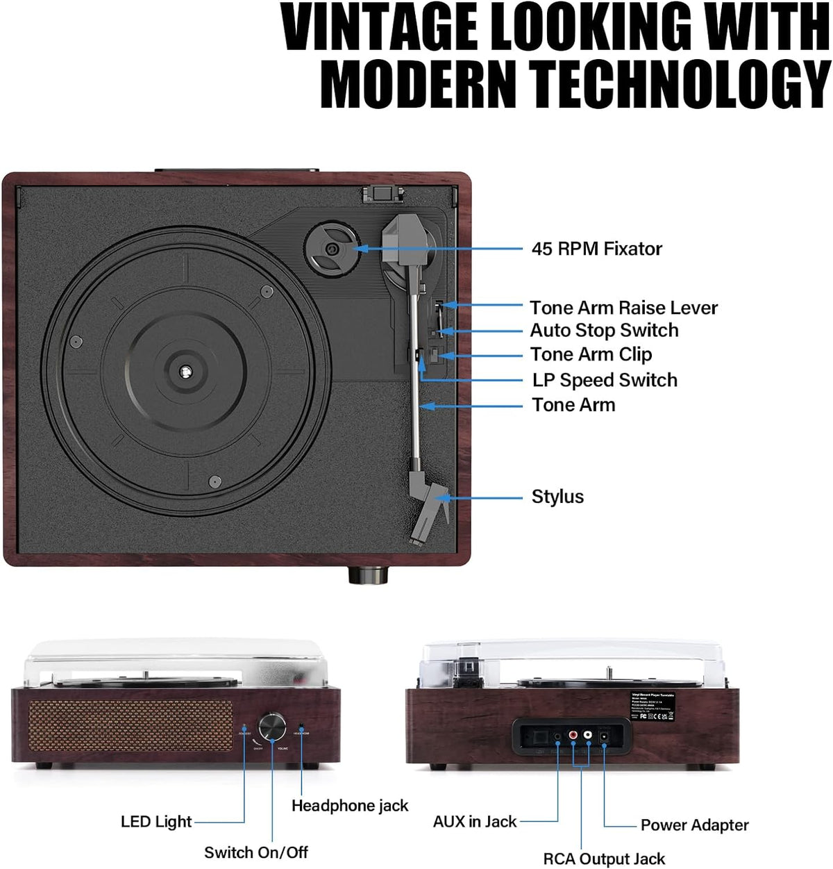 Vinyl Record Player Turntable with Built-In Bluetooth Receiver & 2 Stereo Speakers, 3 Speed 3 Size Portable Retro Record Player for Entertainment and Home Decoration