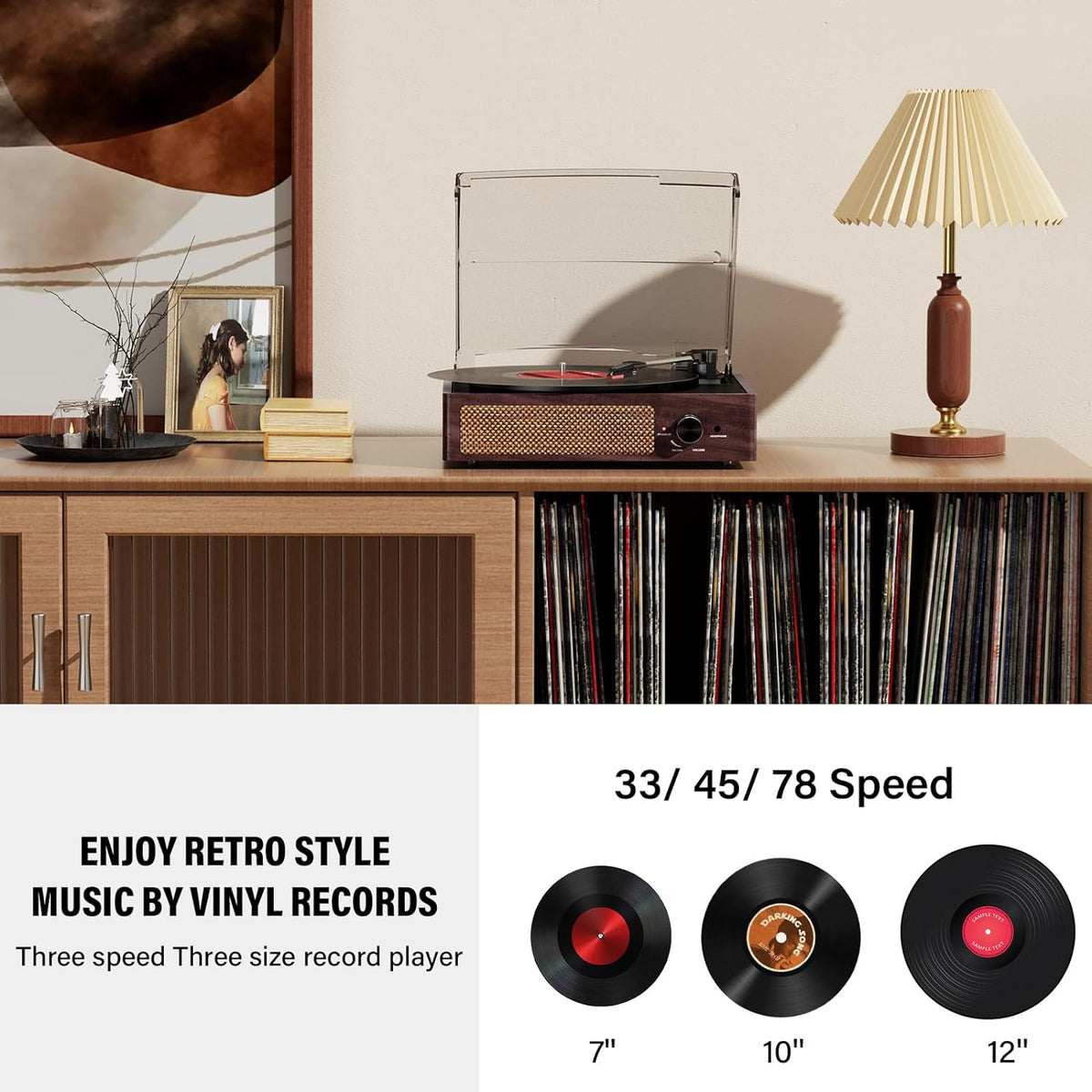Vinyl Record Player Turntable with Built-In Bluetooth Receiver & 2 Stereo Speakers, 3 Speed 3 Size Portable Retro Record Player for Entertainment and Home Decoration