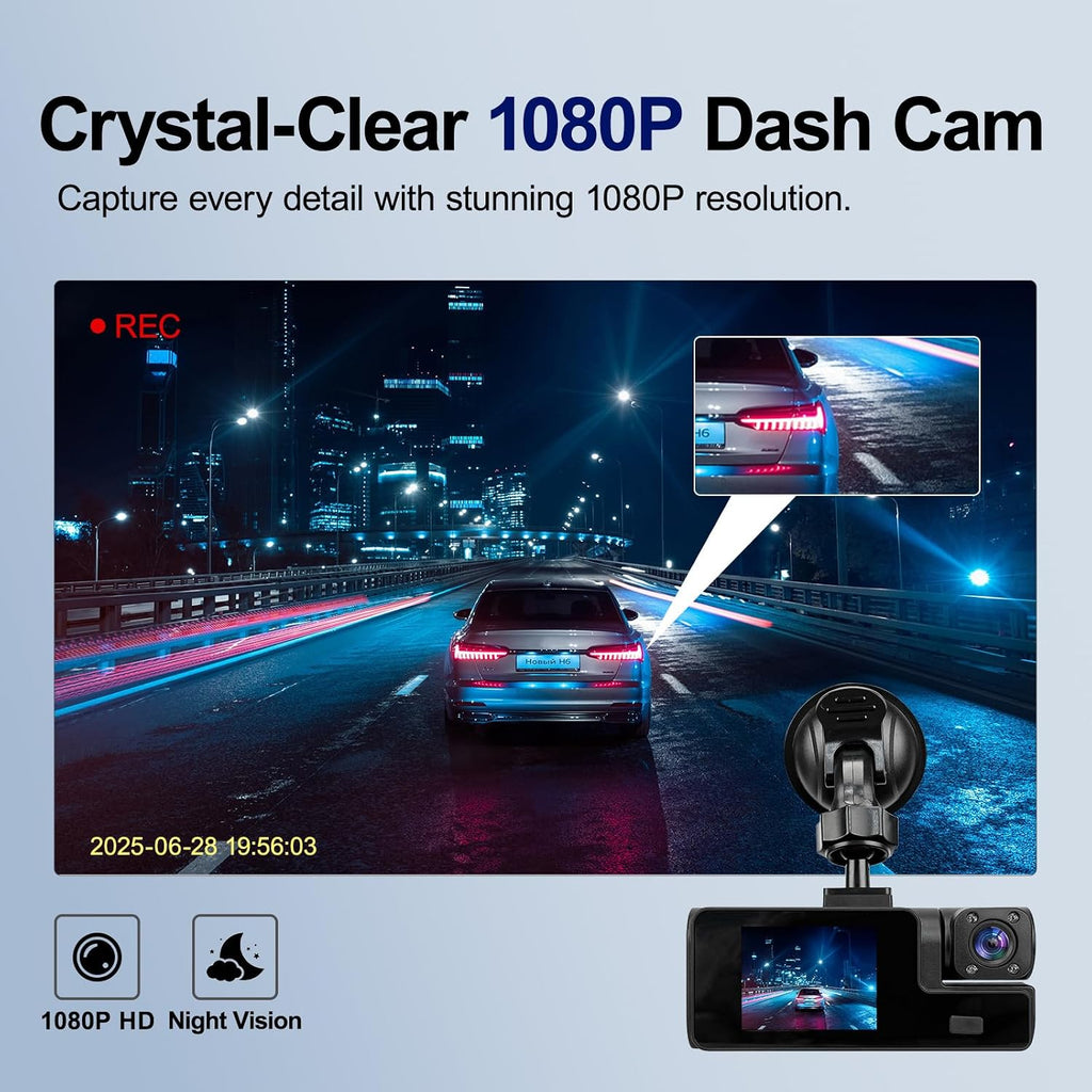 1080P 3 Channel Dash Cam Front and Rear Cabin Recording, 2.0" IPS Screen Camara Para Carro, G-Sensor, Night Vision Loop Recording, Motion Detection, Heatproof, Electronics Max 64GB Support