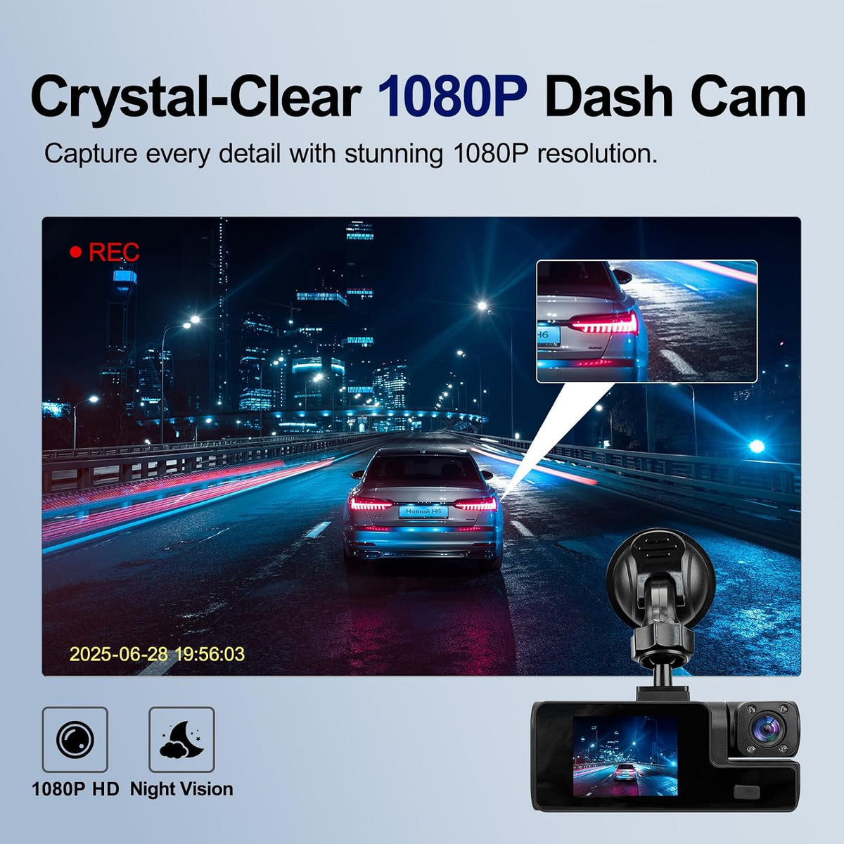1080P 3 Channel Dash Cam Front and Rear Cabin Recording, 2.0" IPS Screen Camara Para Carro, G-Sensor, Night Vision Loop Recording, Motion Detection, Heatproof, Electronics Max 64GB Support