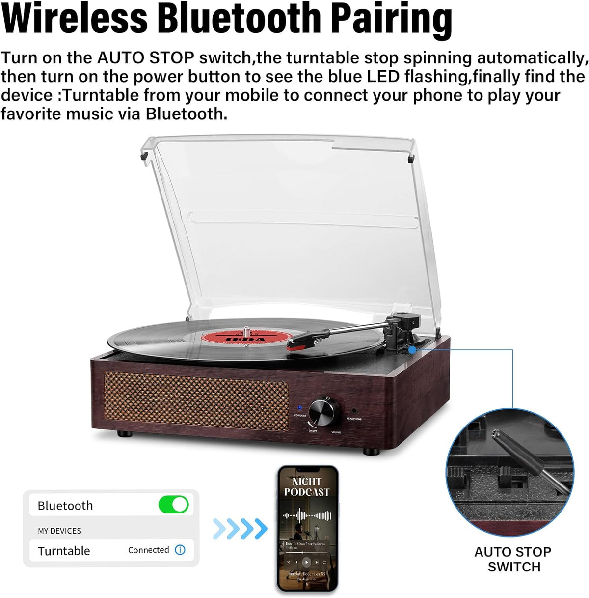Vinyl Record Player Turntable with Built-In Bluetooth Receiver & 2 Stereo Speakers, 3 Speed 3 Size Portable Retro Record Player for Entertainment and Home Decoration