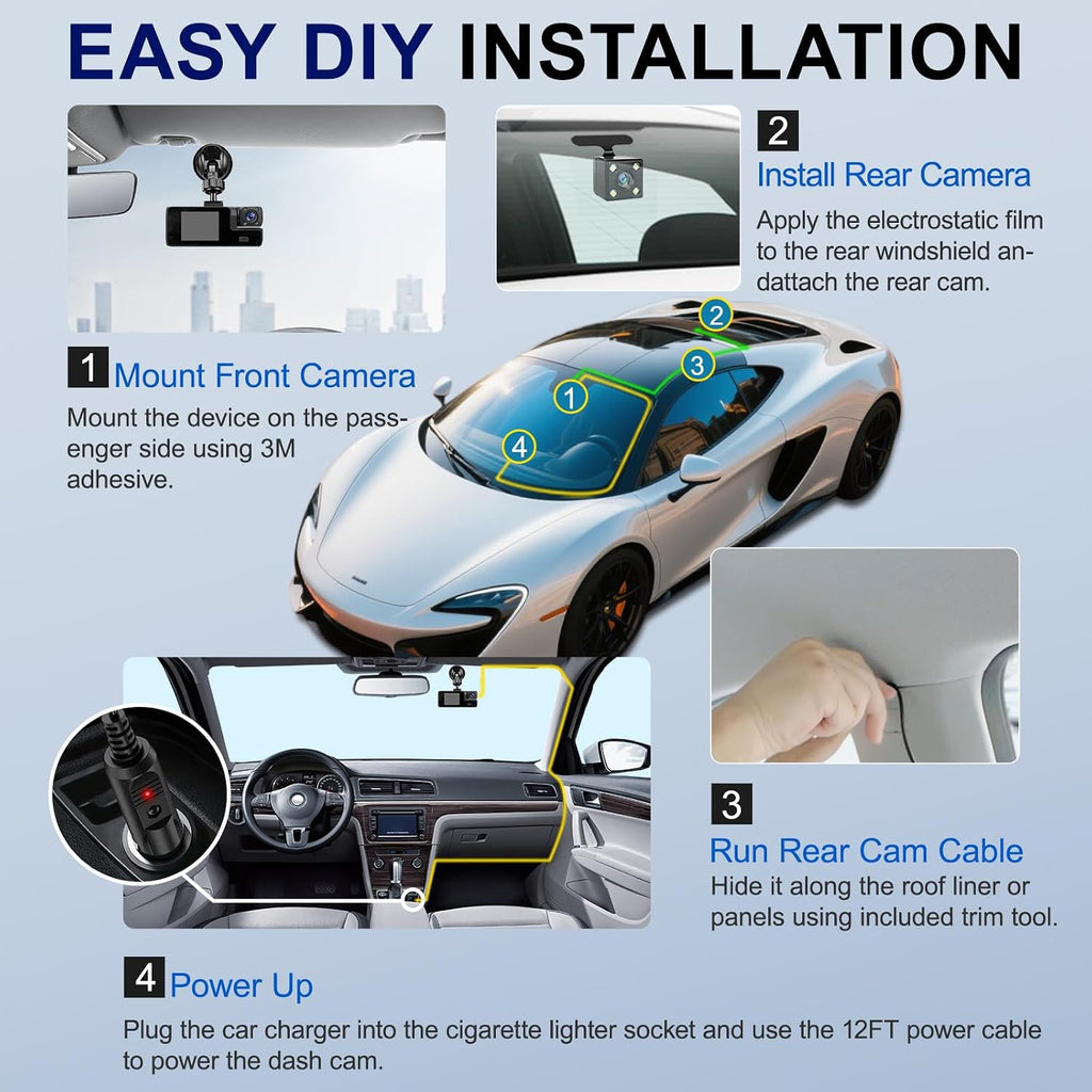 1080P 3 Channel Dash Cam Front and Rear Cabin Recording, 2.0" IPS Screen Camara Para Carro, G-Sensor, Night Vision Loop Recording, Motion Detection, Heatproof, Electronics Max 64GB Support