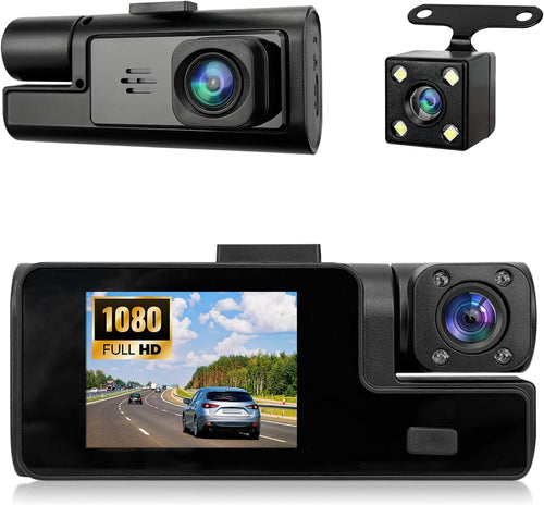 1080P 3 Channel Dash Cam Front and Rear Cabin Recording, 2.0" IPS Screen Camara Para Carro, G-Sensor, Night Vision Loop Recording, Motion Detection, Heatproof, Electronics Max 64GB Support
